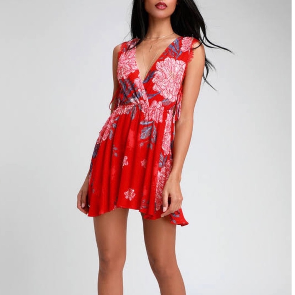 Free People Red Floral V-Neck Dress with Blue Accents - Picture 4 of 9